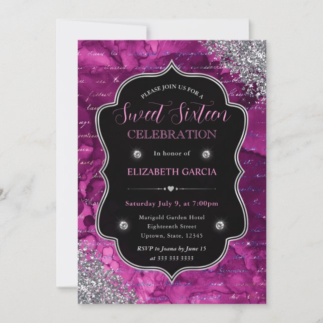 Deep Pink Glitter Mermaid Letters Sweet 16 Invitation (Front)