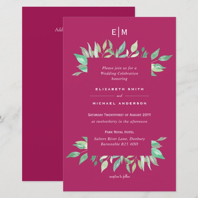 Deep Pink Greenery Leaves Budget Wedding Invites A (Front/Back)