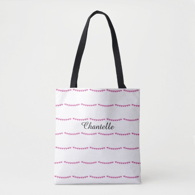 Deep Pink Heart Pattern Name Tote Bag (Front)