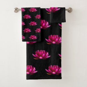 Deep Pink Lotus Flowers on Black Bath Towel Set