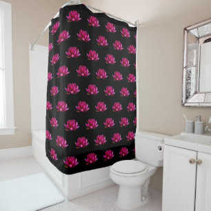 Deep Pink Lotus Flowers on Black Shower Curtain