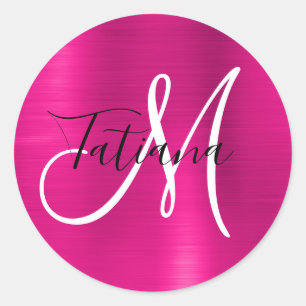Deep Pink Ombre Foil Monogram Classic Round Sticker