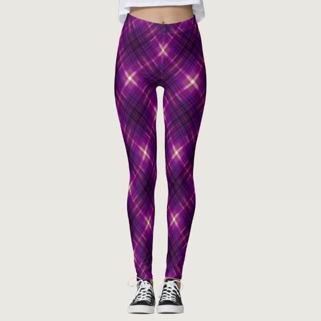 Deep Pink Purple Modern Tartan Leggings (Front)