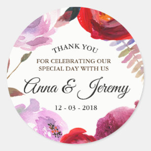 Deep pink, red and purple watercolor floral sticke classic round sticker