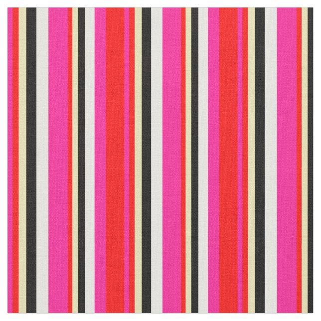 Deep Pink, Red, Tan, Black & Mint Cream Coloured Fabric (Close Up)