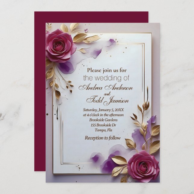 Deep pink roses gold leaf gold frame wedding  invitation (Front/Back)