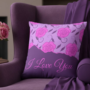 Deep Pink Roses On Purple Love You Cushion