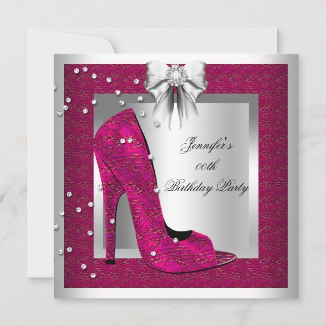 Deep Pink Silver High Heel Shoe Birthday Party Invitation (Front)