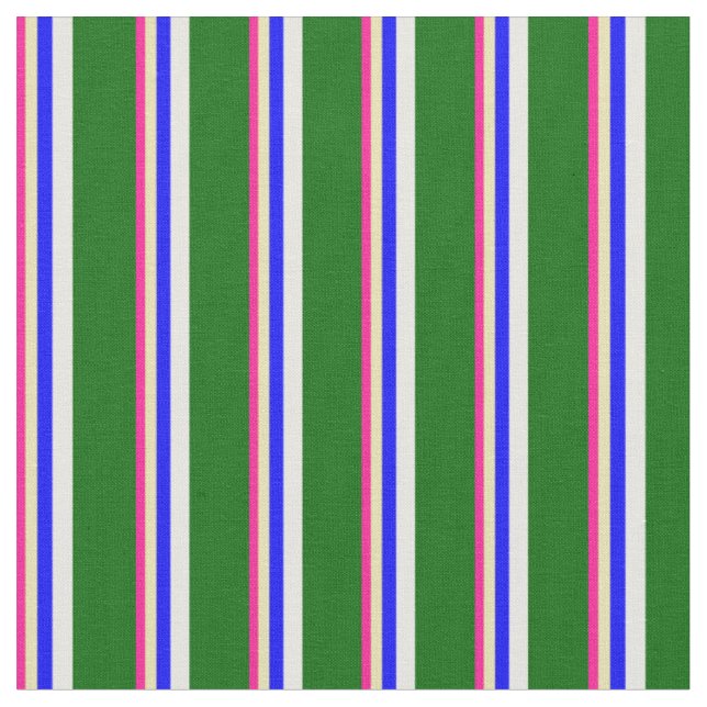 Deep Pink, Tan, Blue, White & Dark Green Lines Fabric (Close Up)