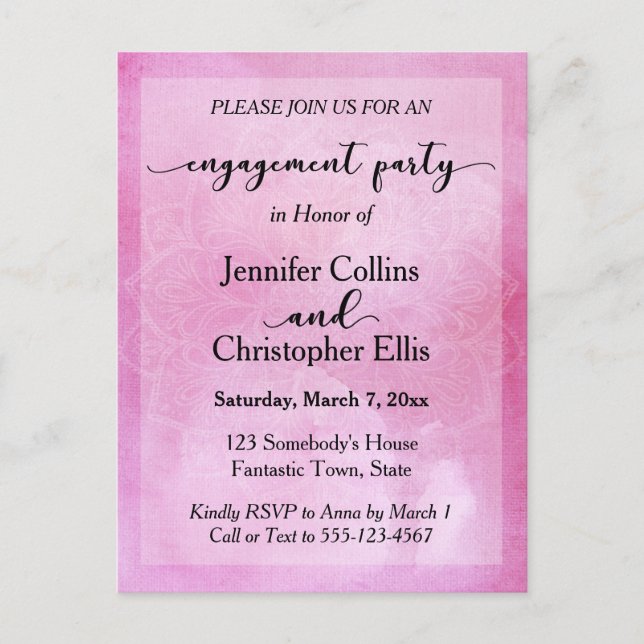 Deep Pink Watercolor Mandala Engagement Party Invitation Postcard (Front)