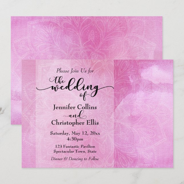 Deep Pink Watercolor Mandala Wedding Invitation (Front/Back)