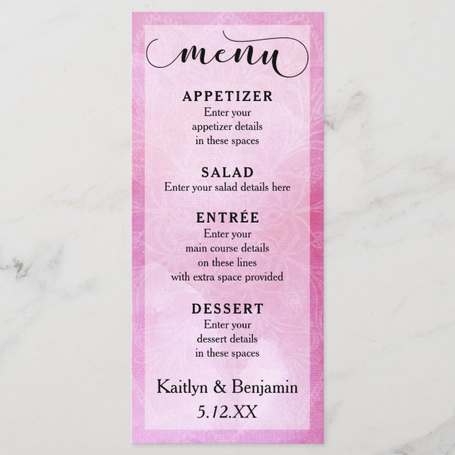Deep Pink Watercolor & Mandala Wedding Menu (Front)