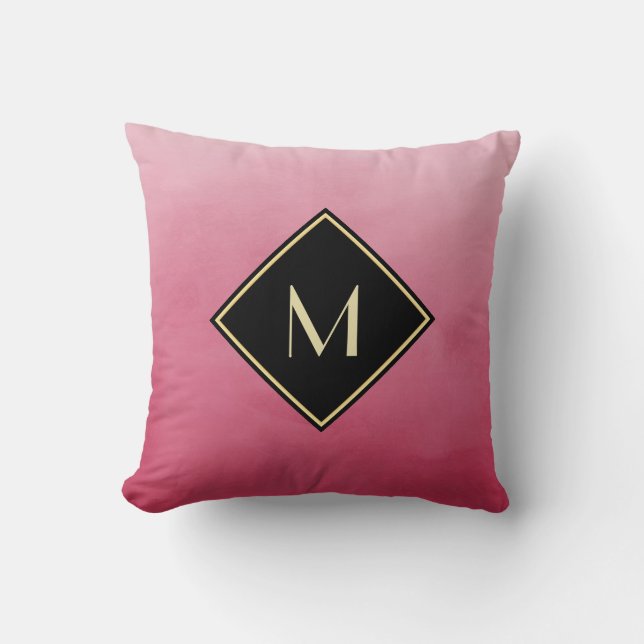 Deep Pink Watercolor With Black and Gold Monogram Cushion (Front)
