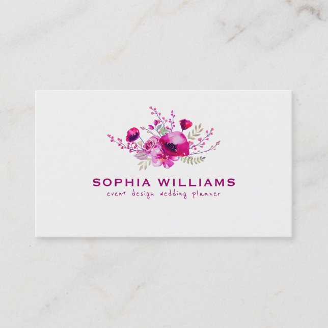 Deep Pink Watercolors Flower Bouquet Business Card (Front)