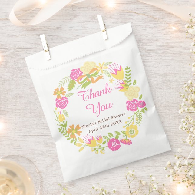 Deep Pink & Yellow Floral Wreath Bridal Shower Favour Bags (Clipped)