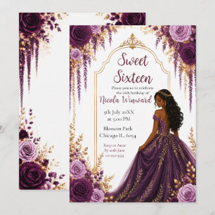 Deep Plum and Gold Floral Sweet Sixteen  Invitation