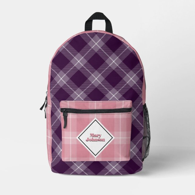 Deep plum and soft pink Plaid  personalised  Printed Backpack (Front)