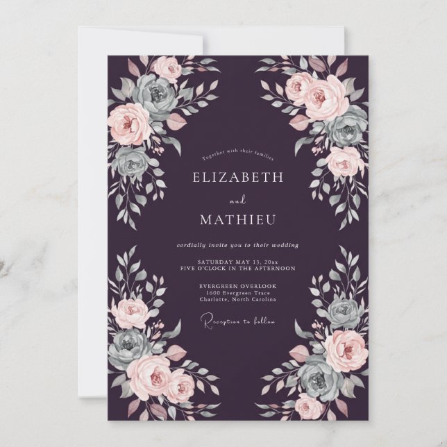 Deep Plum Blush Ranunculus Eucalyptus Wedding Invitation (Front)