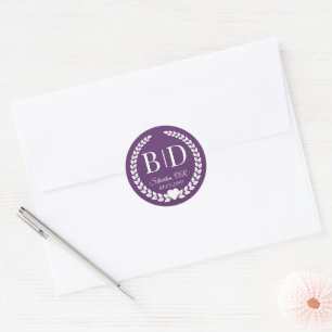Deep Plum Bride and Groom Monogram Wedding Classic Round Sticker