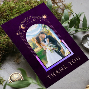 Deep Plum Celestial Sun Moon Stars Photo Wedding Thank You Card