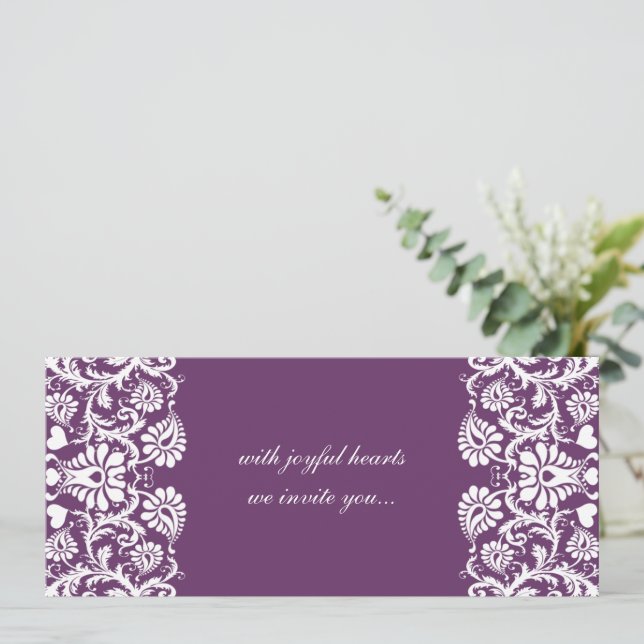 Deep Plum Damask Swirls Wedding Invitation (Standing Front)