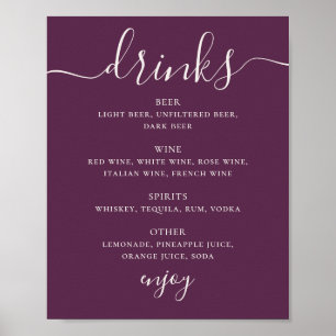 Deep Plum Elegant Script Wedding Drinks Bar Menu Poster