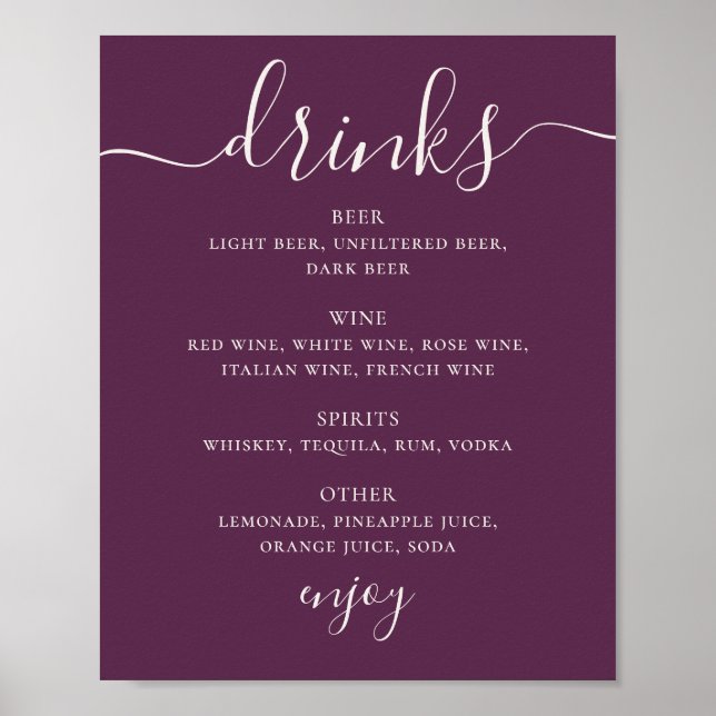 Deep Plum Elegant Script Wedding Drinks Bar Menu Poster (Front)