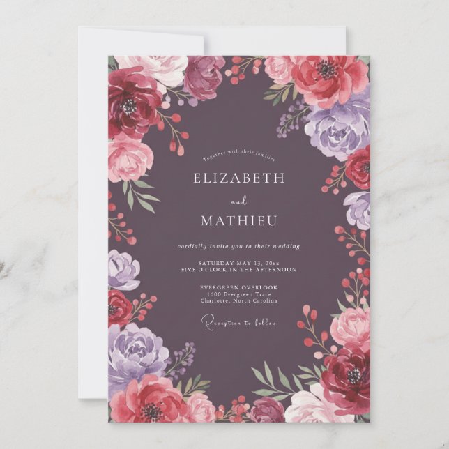 Deep Plum Ethereal Floral Wedding Invitation (Front)