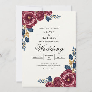Deep Plum Floral Border Wedding Invitation