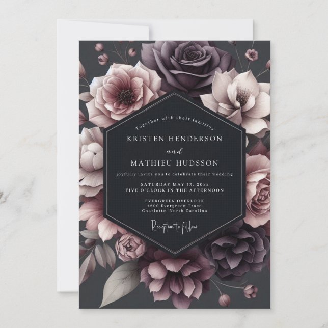 Deep Plum Floral Moody Romance Wedding Invitation (Front)