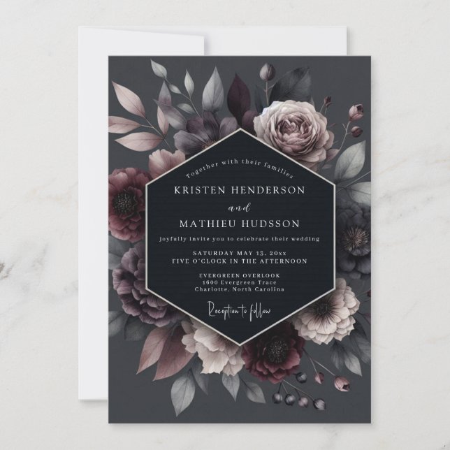 Deep Plum Floral Moody Wedding Invitation (Front)