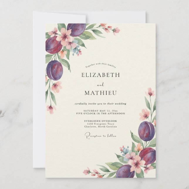 Deep Plum Fruit Eucalyptus Wedding Invitation (Front)