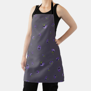 Deep Plum Gray Purple Pansy Floral Pattern Apron