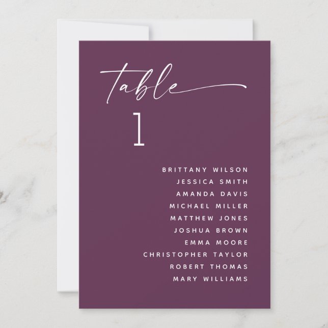 Deep Plum Minimalist Wedding Table Seating Chart Invitation (Front)