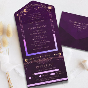 Deep Plum Rainbow Celestial Sun Moon Stars Wedding All In One Invitation