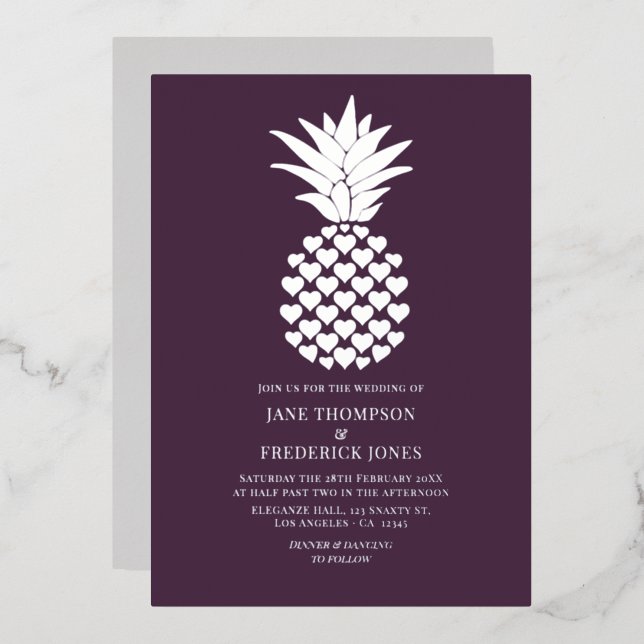 Deep Plum & Silver Tropical Pineapple Wedding (Front/Back)