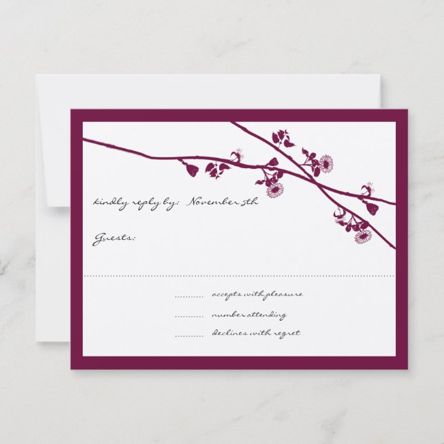 Deep Plum Wildflower Branch Wedding RSVP Card (Front)