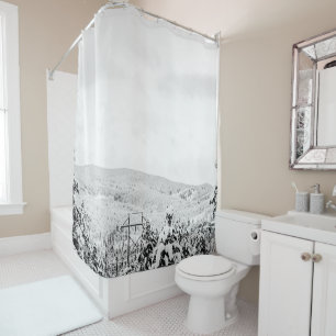 Deep Powder Trees // Black and White Skiing Shower Curtain