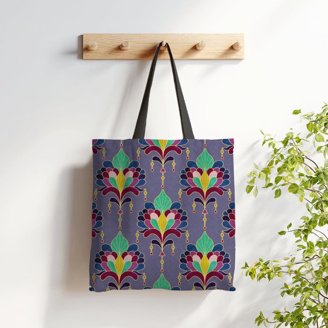 Deep Purple and Gold Art Deco Floral Ornament Tote Bag (Creator Uploaded)