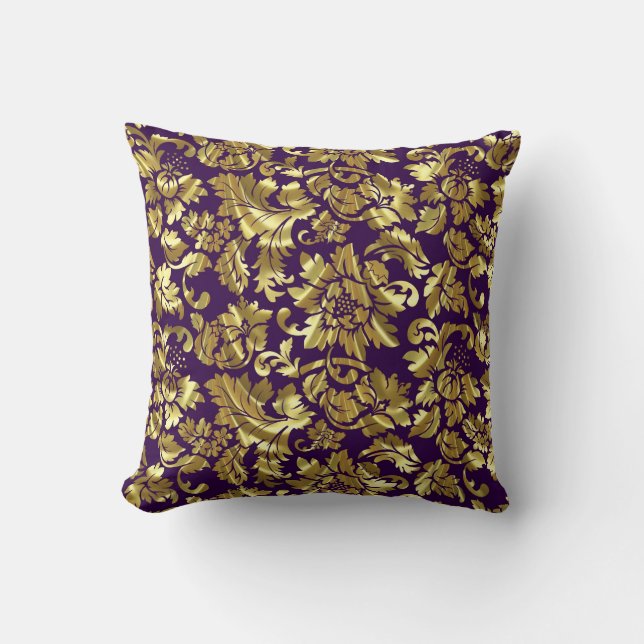 Deep Purple And Gold Floral Damasks Cushion (Front)