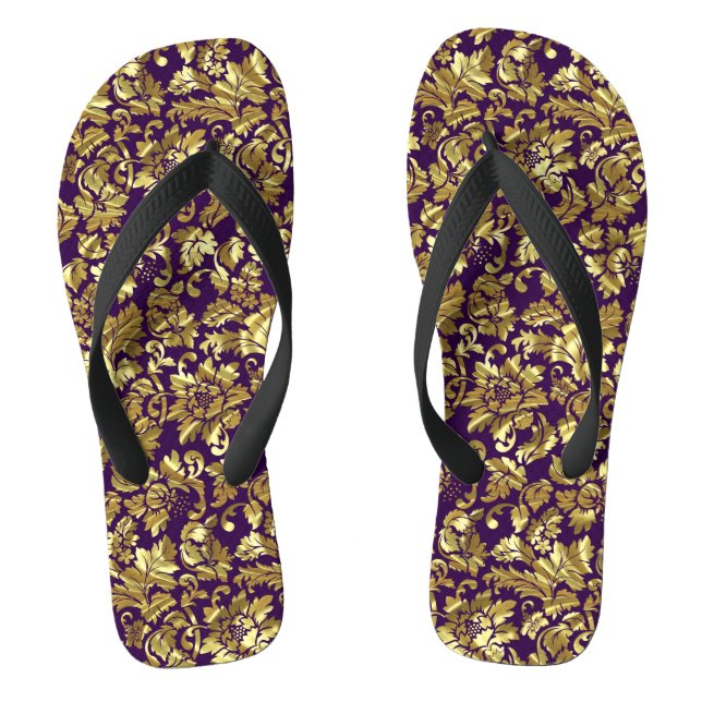 Deep Purple And Gold Floral Damasks Flip Flops (Footbed)