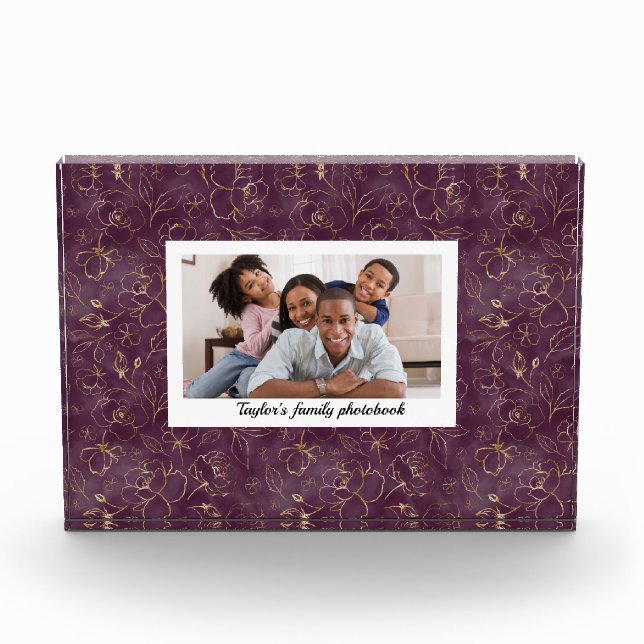 Deep Purple and GOld Florals Personalised Family Photo Block (Front)