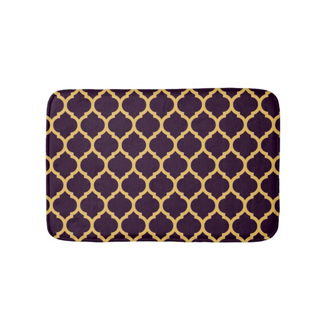 Deep Purple and Tan Moroccan Quatrefoil Pattern Bath Mat (Front)
