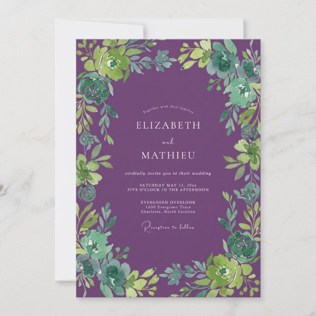 Deep Purple Aqua Leafy Wedding Invitation (Front)