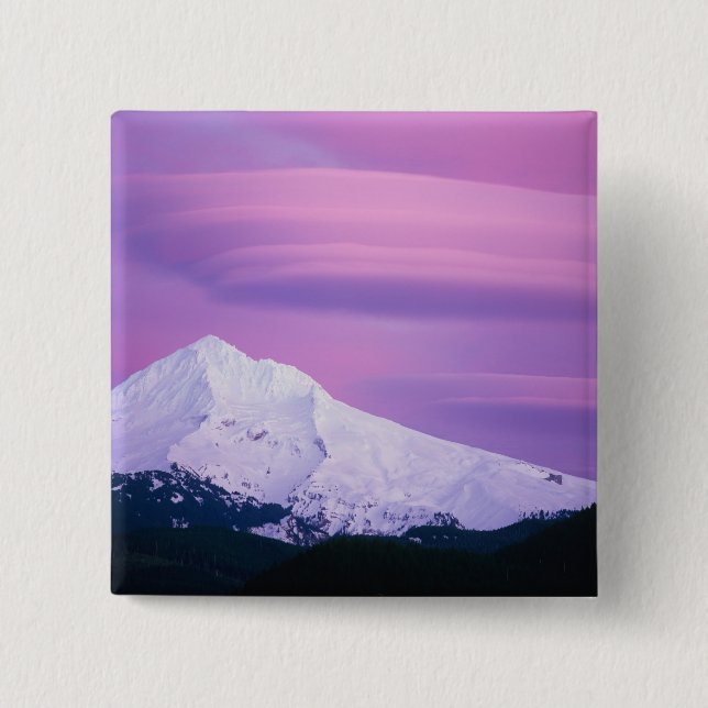 Deep purple clouds surround Mount Hood, in 15 Cm Square Badge (Front)