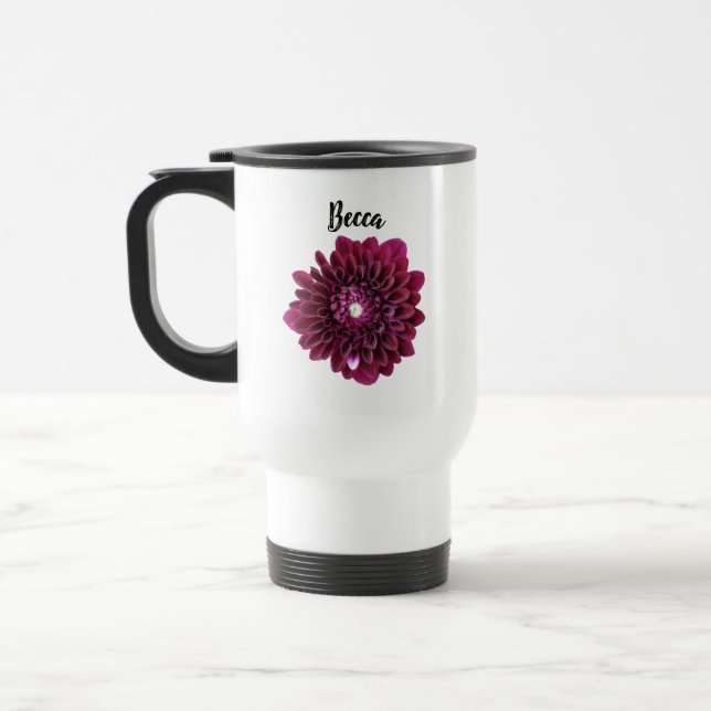 Deep Purple Dahlia Flower Personalised Travel Mug (Left)
