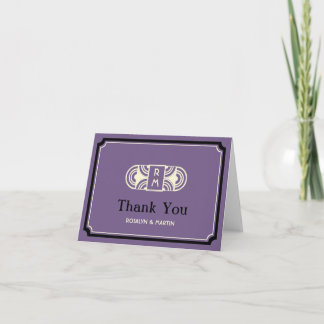 Deep purple deco retro monogram thank you card