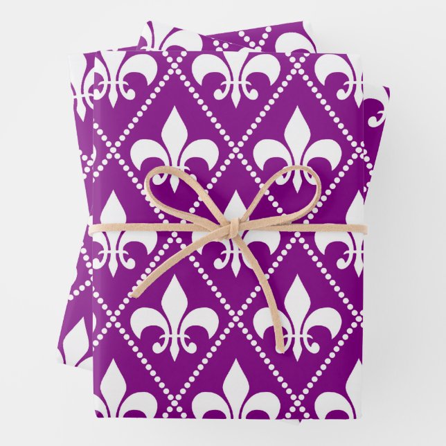 Deep Purple Fleur de Lis Wrapping Paper Sheet (In situ)