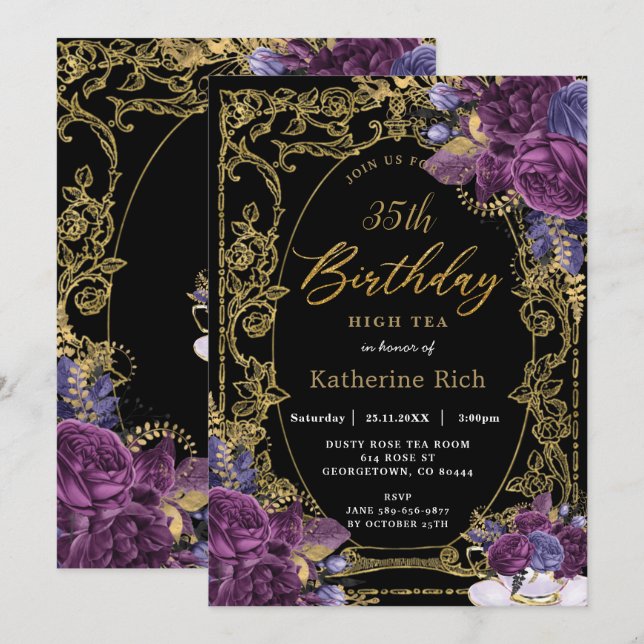 Deep Purple Floral Antique Gold Birthday Tea Party Invitation (Front/Back)
