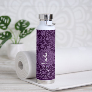 Deep Purple Floral Damask Monogram Water Bottle